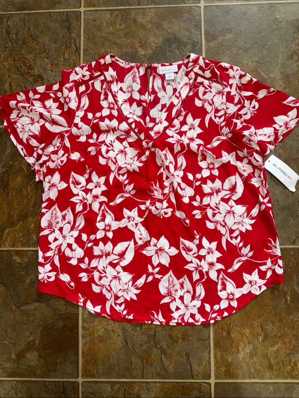 Liz Claiborne Red and White Floral V-Neck Blouse